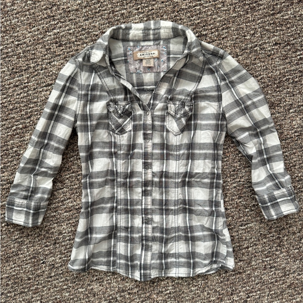 Arizona Womens Button Down Shirt  Snaps  Size Small S Black White plaid Stripes